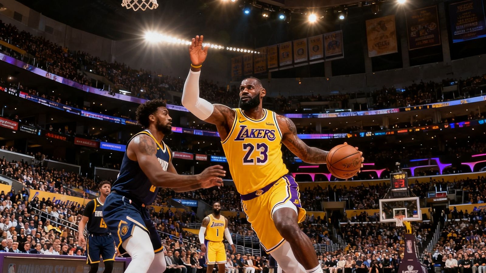 NBA常规赛高清直播画面，湖人队主场斯台普斯中心，詹姆斯持球突破，现场灯光璀璨，观众席爆满